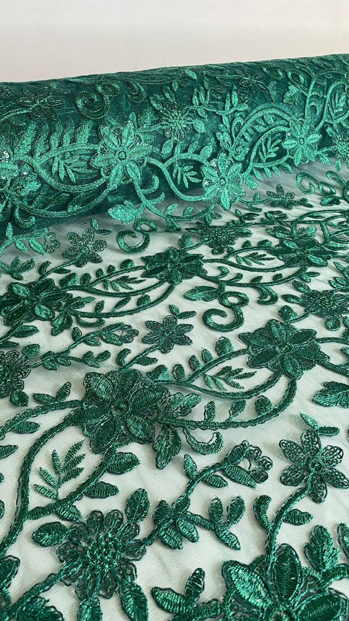 Tul Bordado Con Diseño Floral Con Lentejuela Color Botella -HH193 ideal para vestidos de noche de boda y de XV años