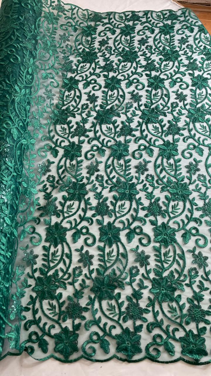 Tul Bordado Con Diseño Floral Con Lentejuela Color Botella -HH193 ideal para vestidos de noche de boda y de XV años