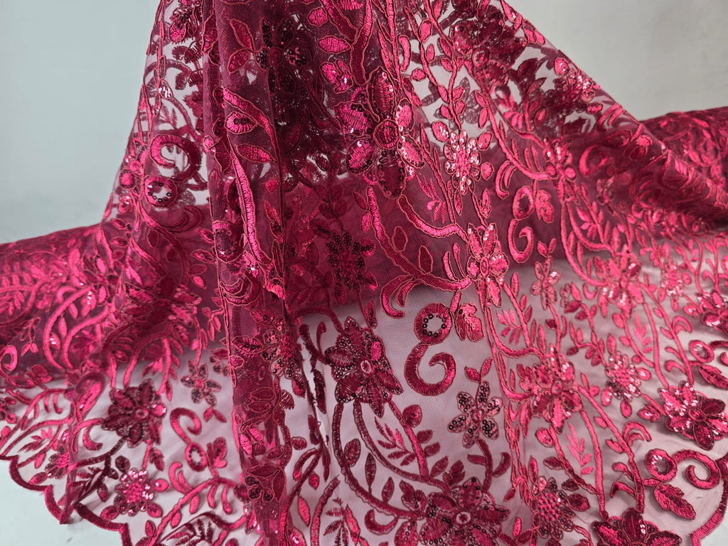 Tul Bordado Con Diseño Floral Con Lentejuela Color Vino -HH193 ideal para vestidos de noche de boda y de XV años