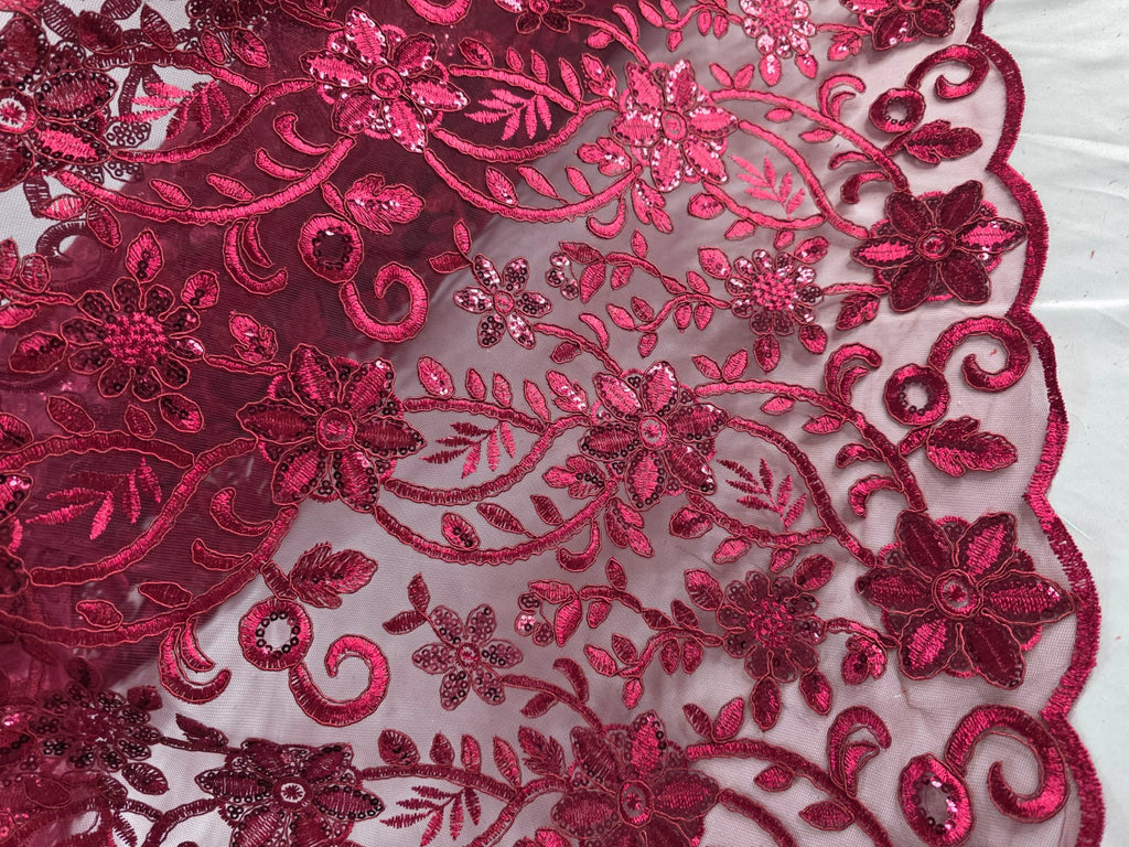 Tul Bordado Con Diseño Floral Con Lentejuela Color Vino -HH193 ideal para vestidos de noche de boda y de XV años