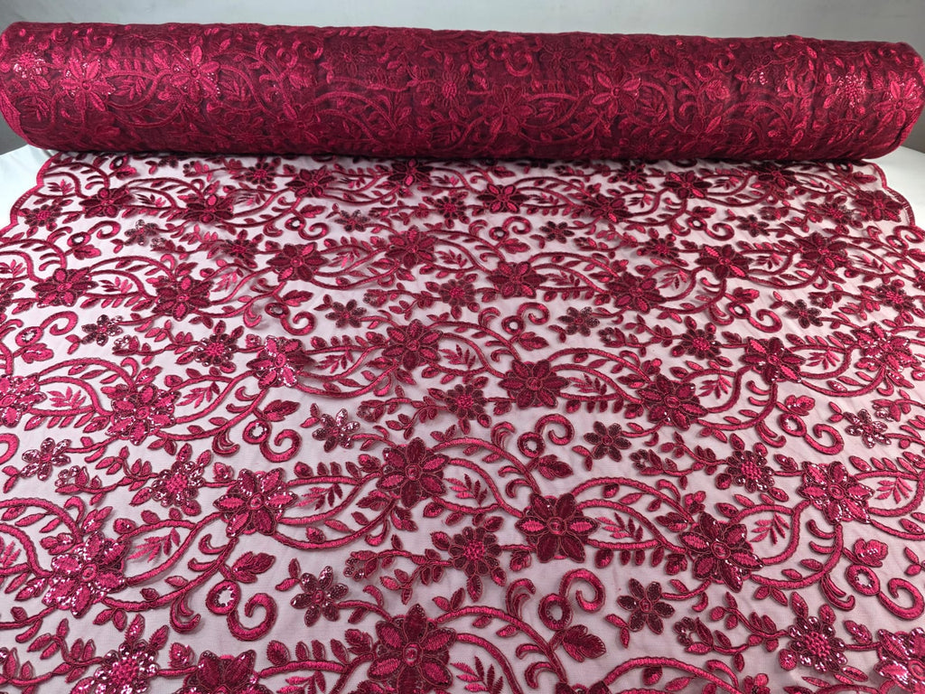 Tul Bordado Con Diseño Floral Con Lentejuela Color Vino -HH193 ideal para vestidos de noche de boda y de XV años