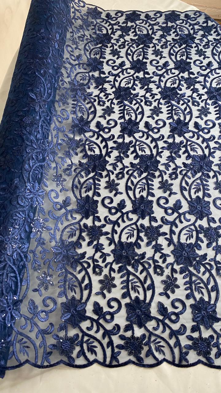 Tul Bordado Con Diseño Floral Con Lentejuela Color Marino -HH193 ideal para vestidos de noche de boda y de XV años