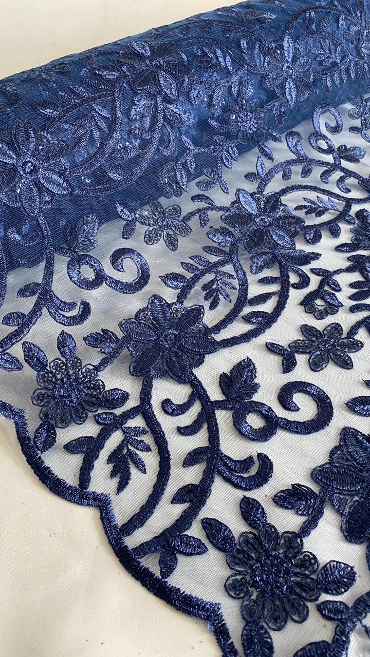 Tul Bordado Con Diseño Floral Con Lentejuela Color Marino -HH193 ideal para vestidos de noche de boda y de XV años