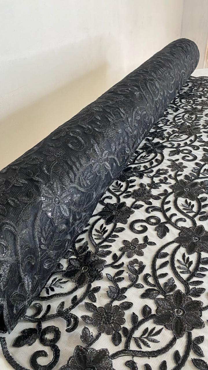 Tul Bordado Con Diseño Floral Con Lentejuela Color Negro -HH193 ideal para vestidos de noche de boda y de XV años