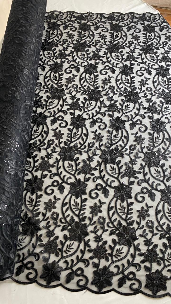 Tul Bordado Con Diseño Floral Con Lentejuela Color Negro -HH193 ideal para vestidos de noche de boda y de XV años