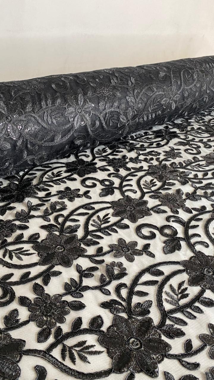 Tul Bordado Con Diseño Floral Con Lentejuela Color Negro -HH193 ideal para vestidos de noche de boda y de XV años