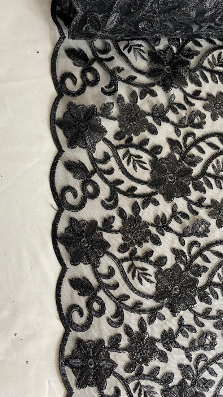 Tul Bordado Con Diseño Floral Con Lentejuela Color Negro -HH193 ideal para vestidos de noche de boda y de XV años