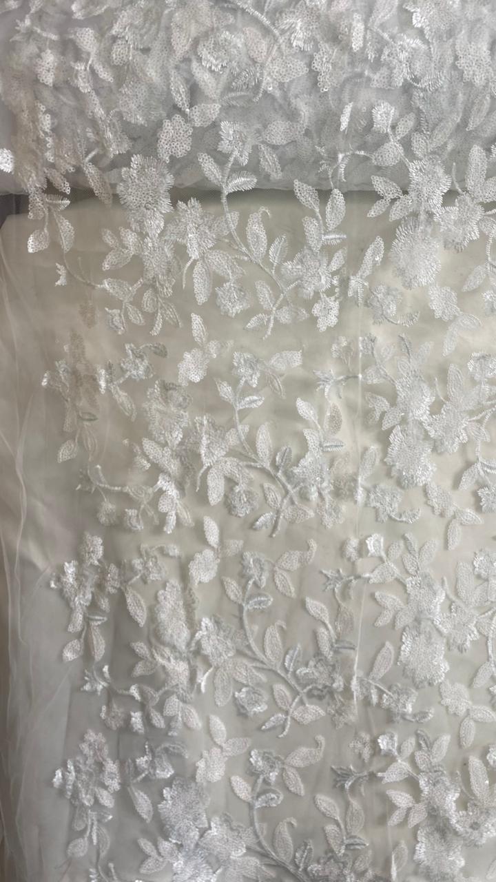 Tul Bordado Diseño Floral Con Lentejuela Color Blanco-HH195 ideal para vestidos de noche de boda y de XV años