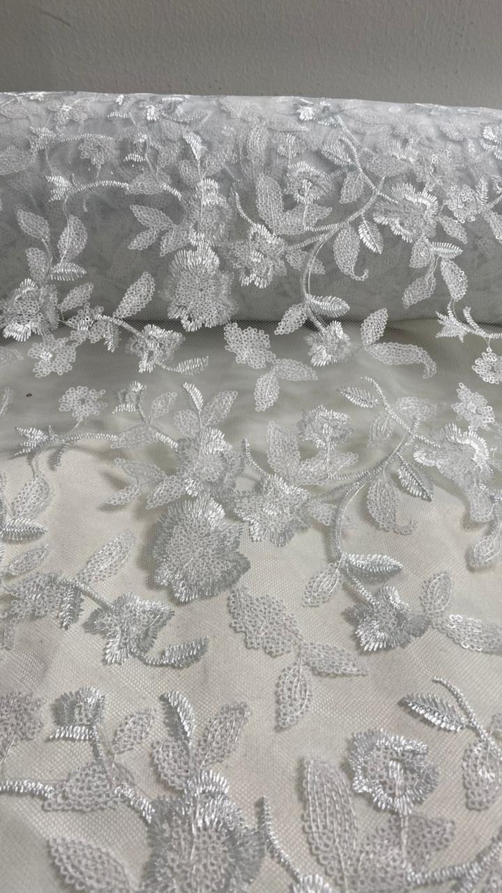 Tul Bordado Diseño Floral Con Lentejuela Color Blanco-HH195 ideal para vestidos de noche de boda y de XV años