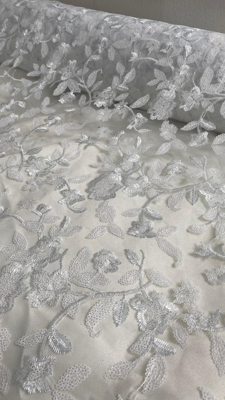 Tul Bordado Diseño Floral Con Lentejuela Color Blanco-HH195 ideal para vestidos de noche de boda y de XV años