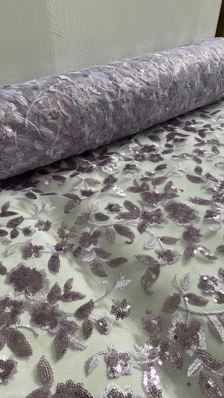 Tul Bordado Diseño Floral Con Lentejuela Color Lila-HH195 ideal para vestidos de noche de boda y de XV años