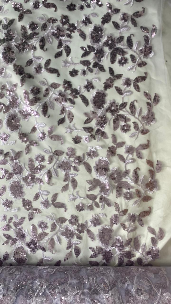 Tul Bordado Diseño Floral Con Lentejuela Color Lila-HH195 ideal para vestidos de noche de boda y de XV años