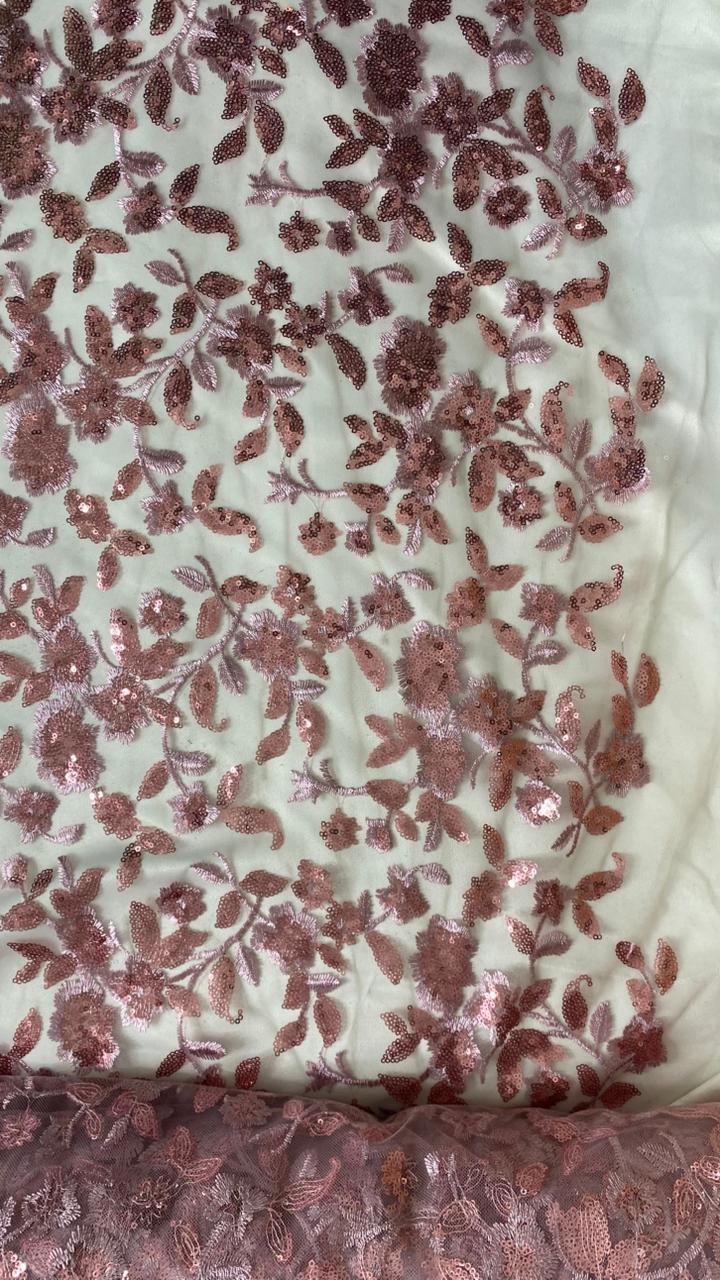 Tul Bordado Diseño Floral Con Lentejuela Color Palo de Rosa -HH195 ideal para vestidos de noche de boda y de XV años