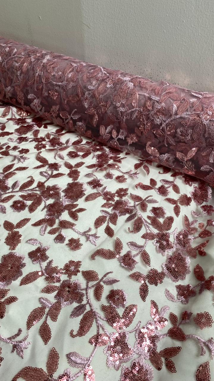 Tul Bordado Diseño Floral Con Lentejuela Color Palo de Rosa -HH195 ideal para vestidos de noche de boda y de XV años