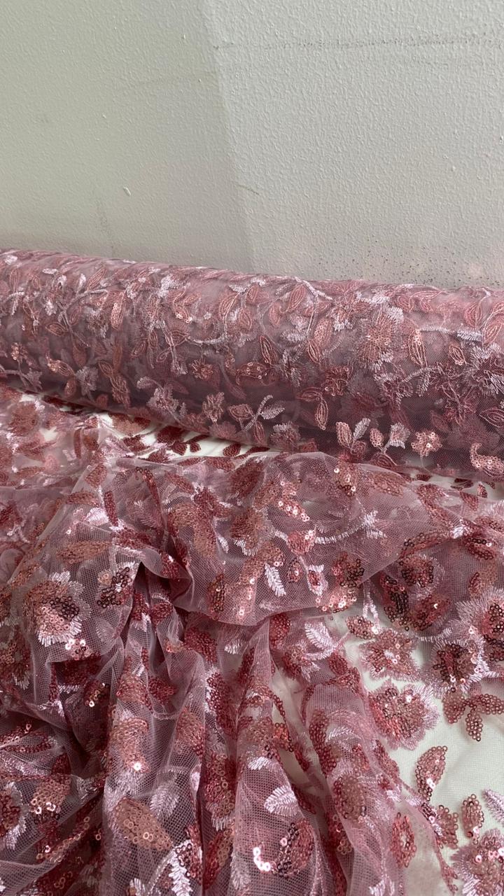 Tul Bordado Diseño Floral Con Lentejuela Color Palo de Rosa -HH195 ideal para vestidos de noche de boda y de XV años