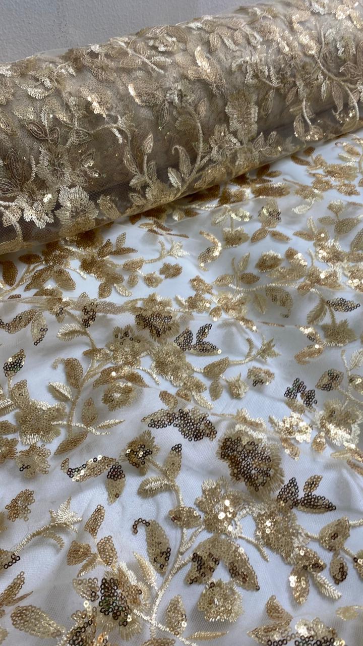 Tul Bordado Diseño Floral Con Lentejuela Color Oro-HH195 ideal para vestidos de noche de boda y de XV años