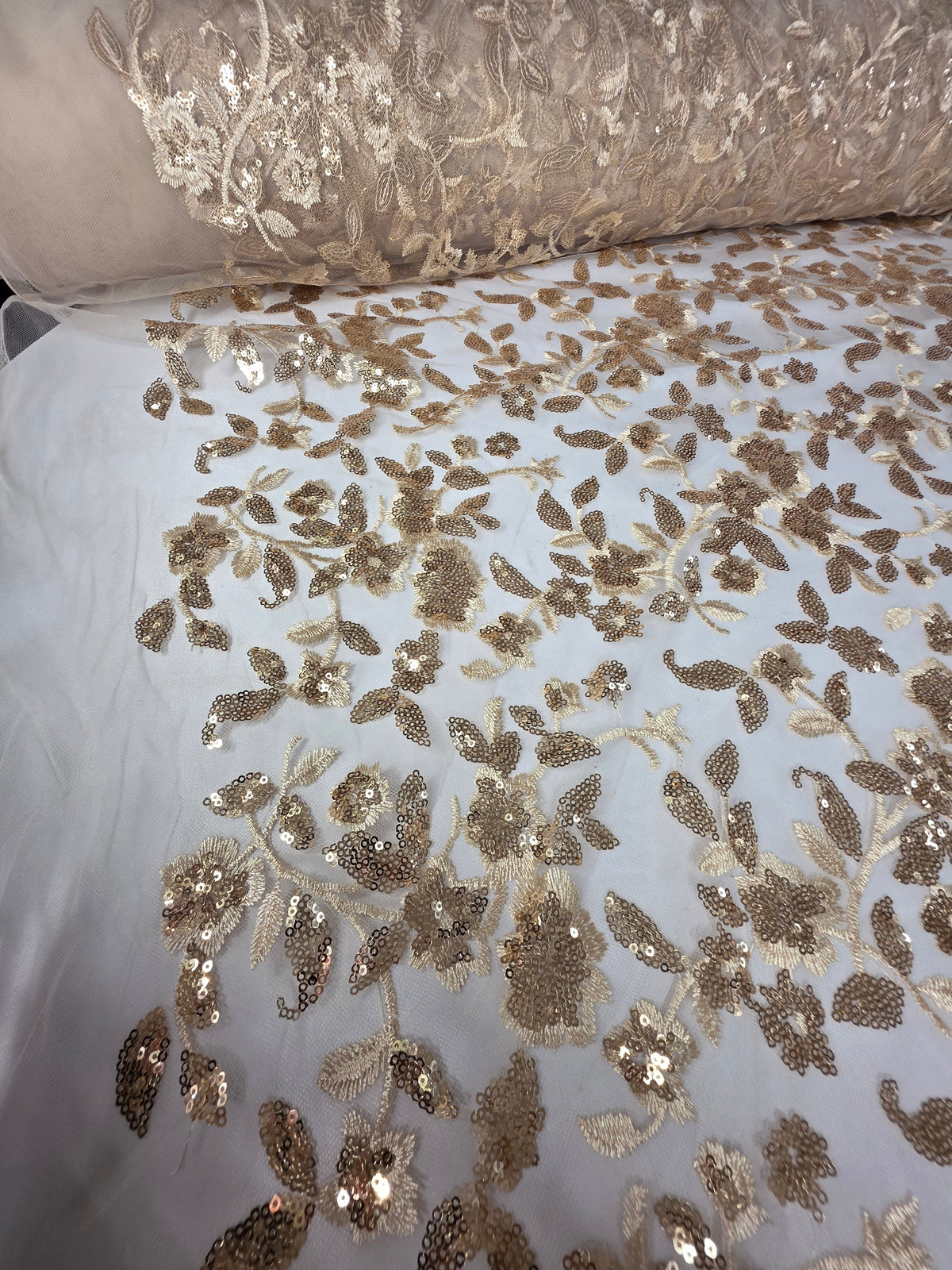 Tul Bordado Diseño Floral Con Lentejuela Color Oro-HH195 ideal para vestidos de noche de boda y de XV años