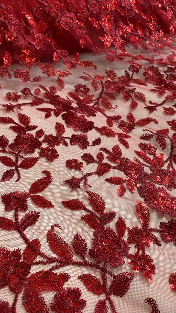 Tul Bordado Diseño Floral Con Lentejuela Color Vino -HH195 ideal para vestidos de noche de boda y de XV años