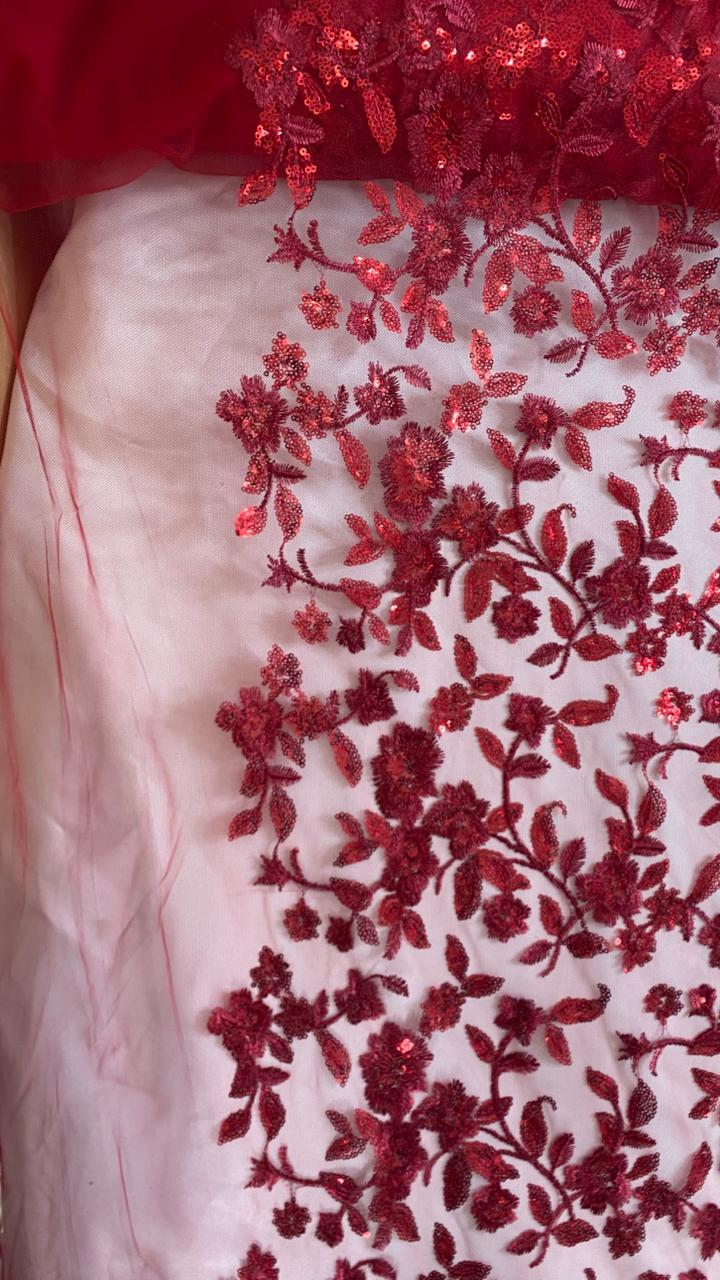 Tul Bordado Diseño Floral Con Lentejuela Color Vino -HH195 ideal para vestidos de noche de boda y de XV años