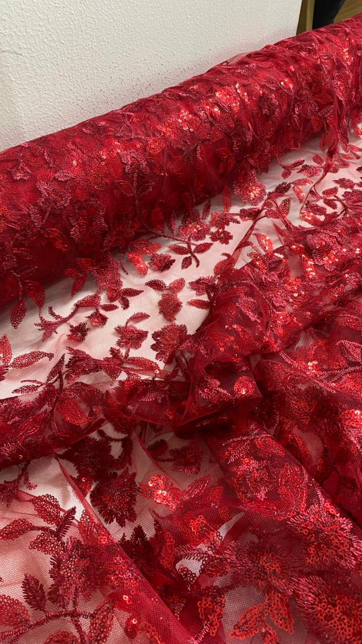 Tul Bordado Diseño Floral Con Lentejuela Color Vino -HH195 ideal para vestidos de noche de boda y de XV años