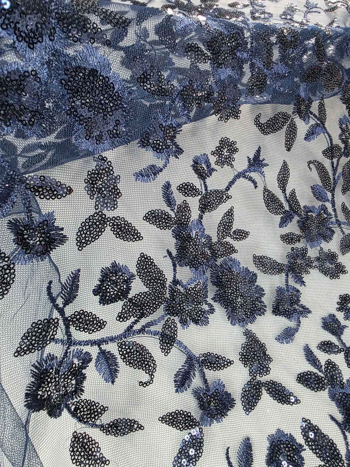 Tul Bordado Diseño Floral Con Lentejuela Color Marino -HH195 ideal para vestidos de noche de boda y de XV años