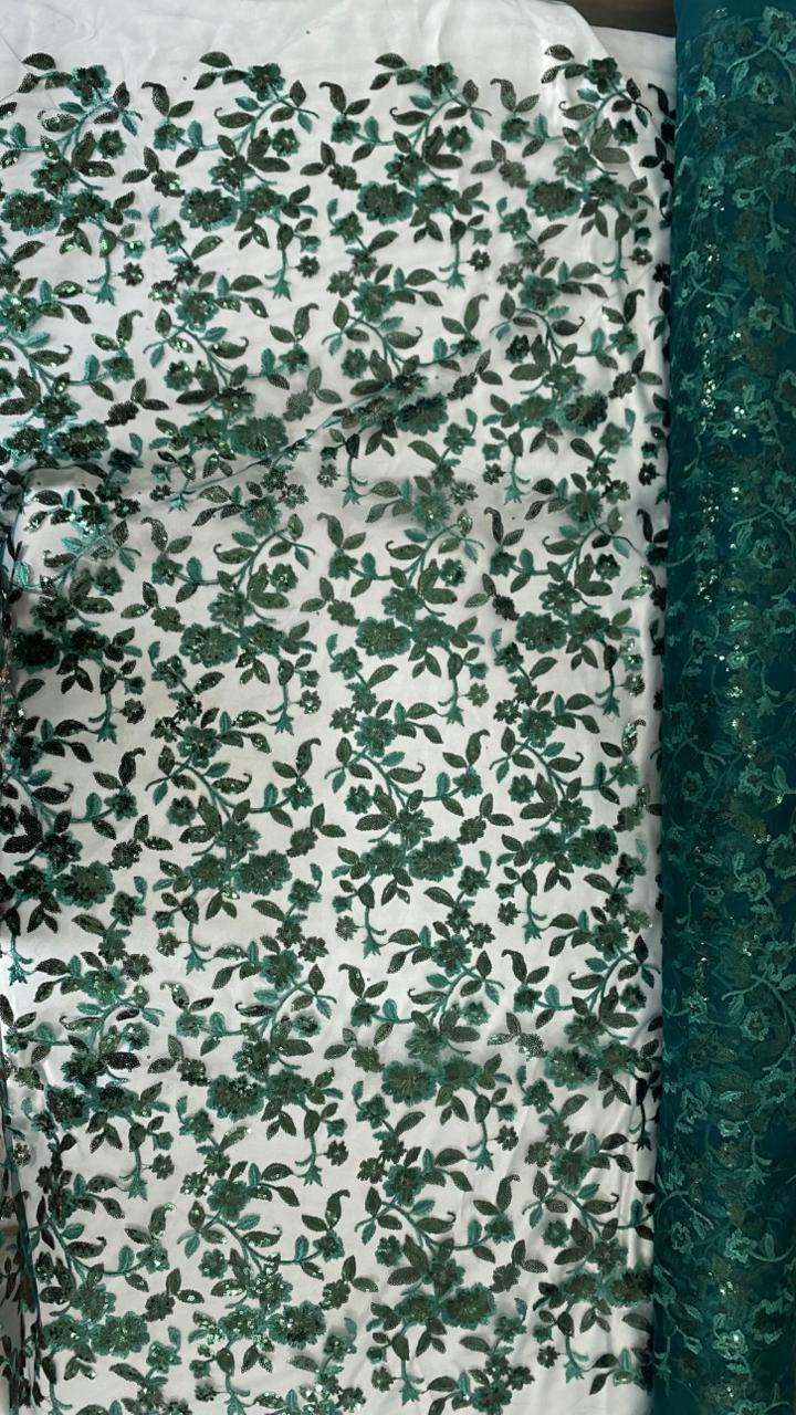 Tul Bordado Diseño Floral Con Lentejuela Color Botella -HH195 ideal para vestidos de noche de boda y de XV años