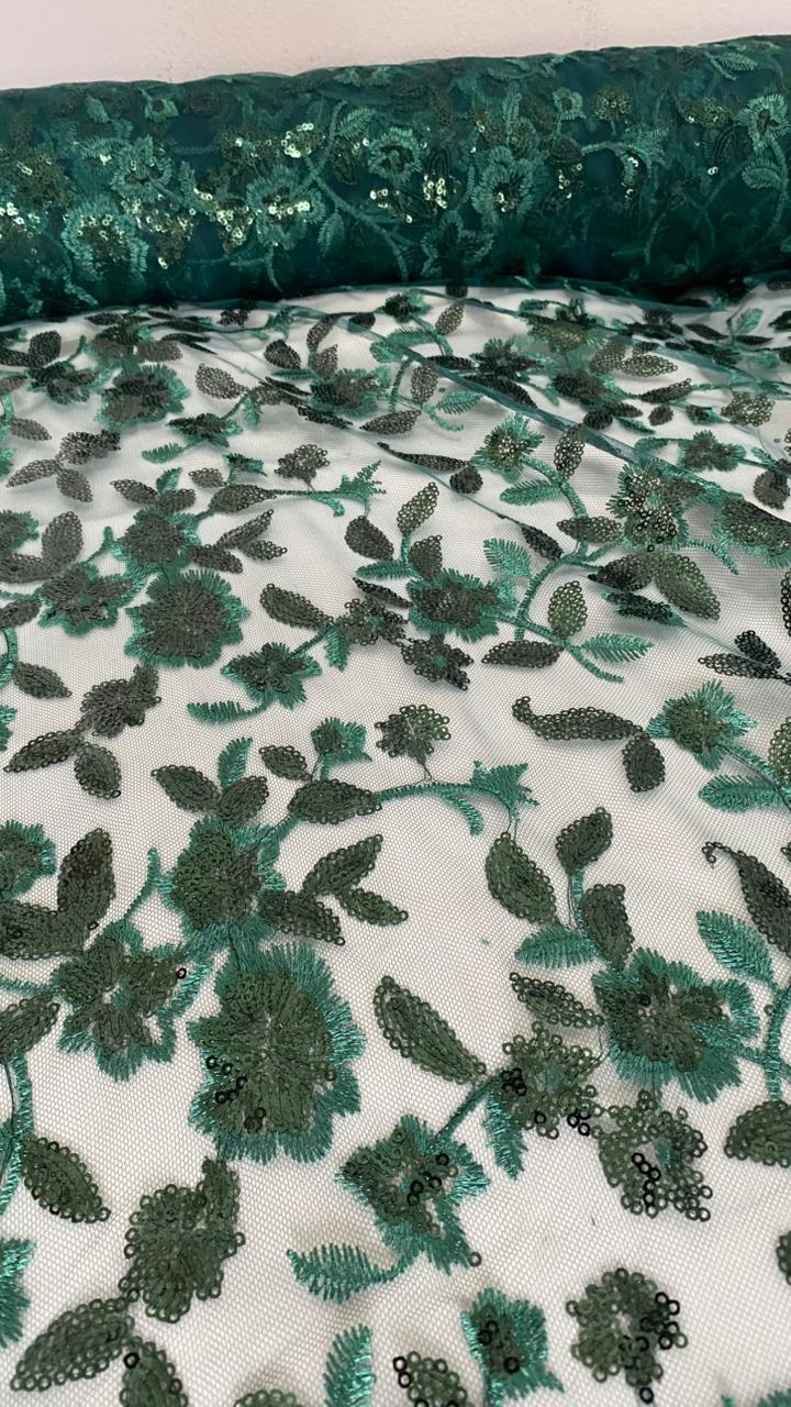 Tul Bordado Diseño Floral Con Lentejuela Color Botella -HH195 ideal para vestidos de noche de boda y de XV años