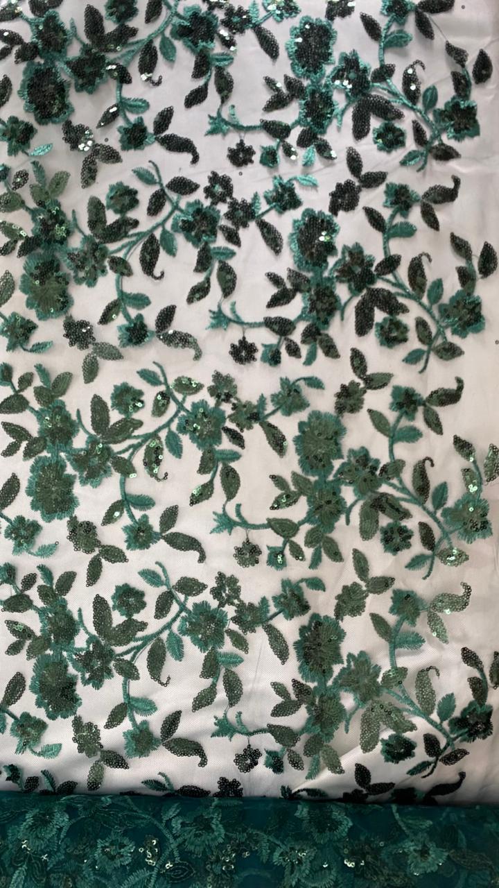 Tul Bordado Diseño Floral Con Lentejuela Color Botella -HH195 ideal para vestidos de noche de boda y de XV años