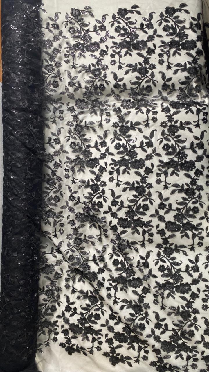 Tul Bordado Diseño Floral Con Lentejuela Color Negro -HH195 ideal para vestidos de noche de boda y de XV años