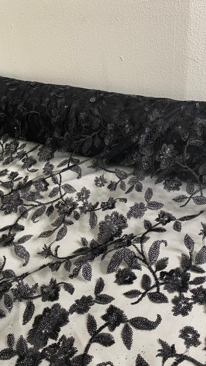 Tul Bordado Diseño Floral Con Lentejuela Color Negro -HH195 ideal para vestidos de noche de boda y de XV años