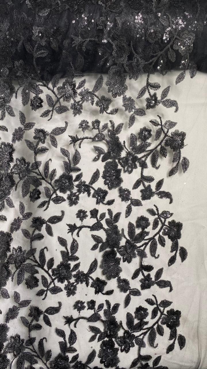 Tul Bordado Diseño Floral Con Lentejuela Color Negro -HH195 ideal para vestidos de noche de boda y de XV años