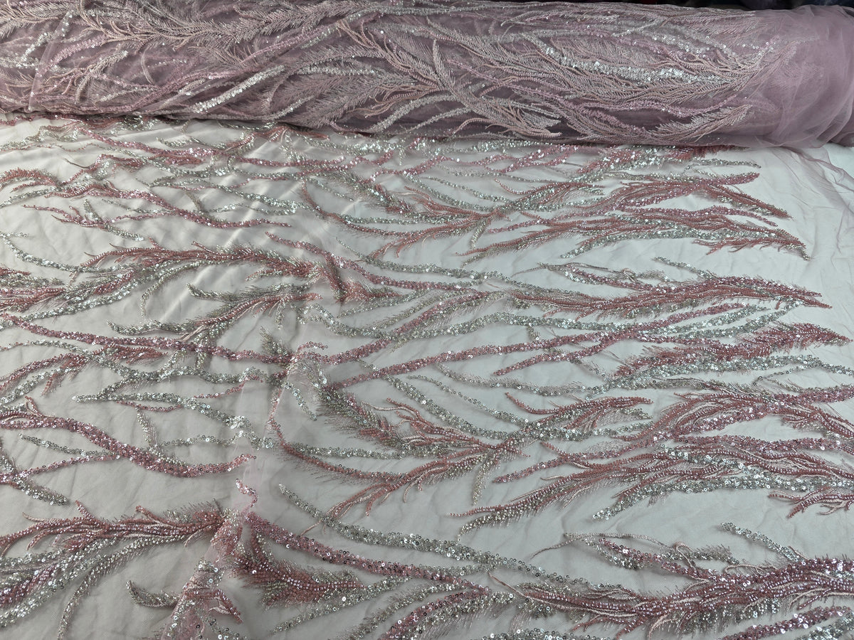 Tul Bordado Con Ramas En Lentejuela Y Chaquira Color Rosa -HH196 ideal para vestidos de noche de boda y de XV años