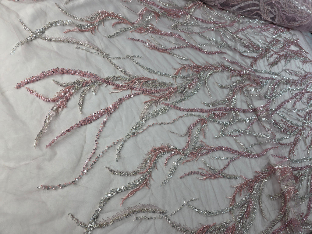 Tul Bordado Con Ramas En Lentejuela Y Chaquira Color Rosa -HH196 ideal para vestidos de noche de boda y de XV años