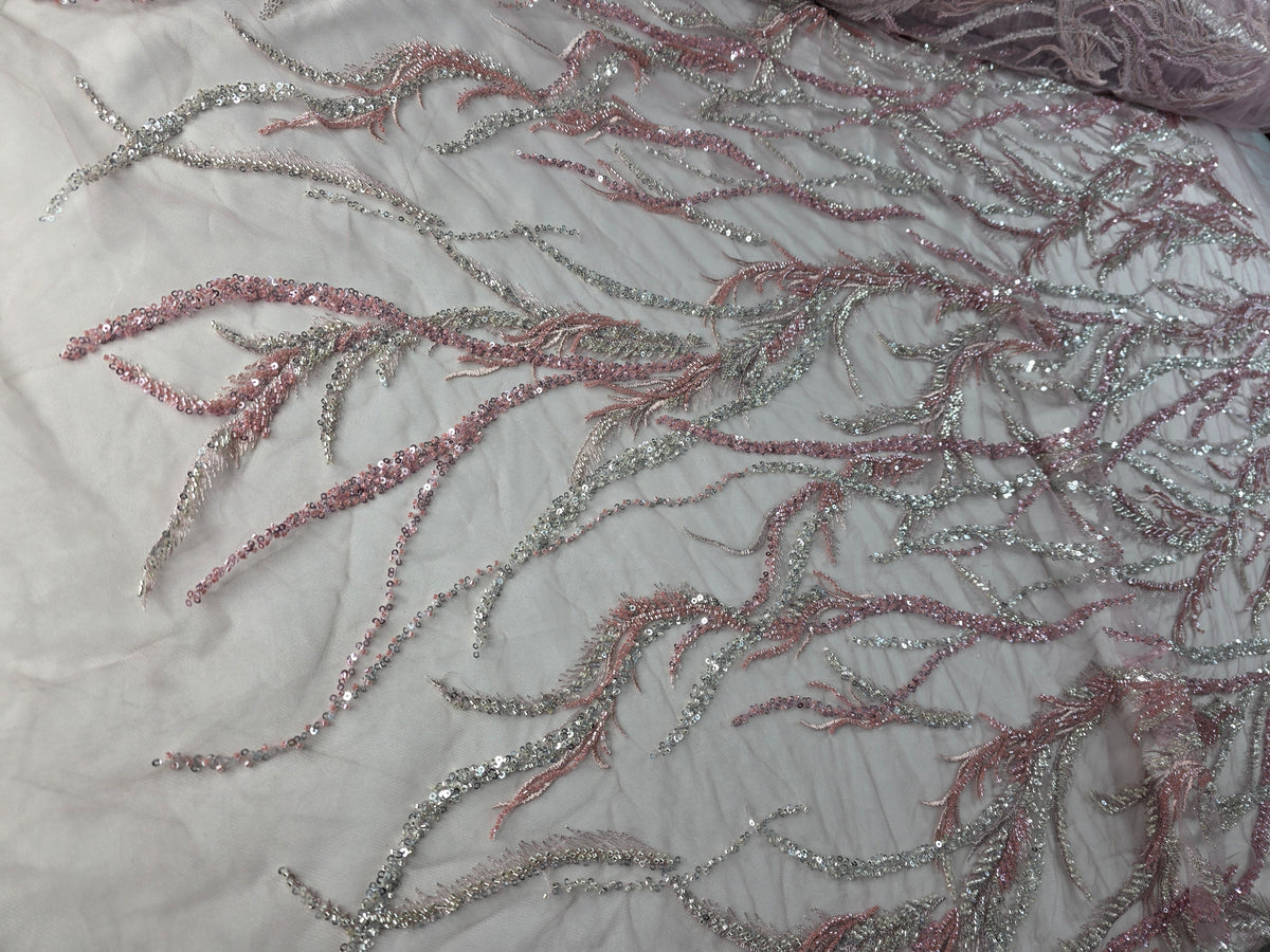 Tul Bordado Con Ramas En Lentejuela Y Chaquira Color Rosa -HH196 ideal para vestidos de noche de boda y de XV años