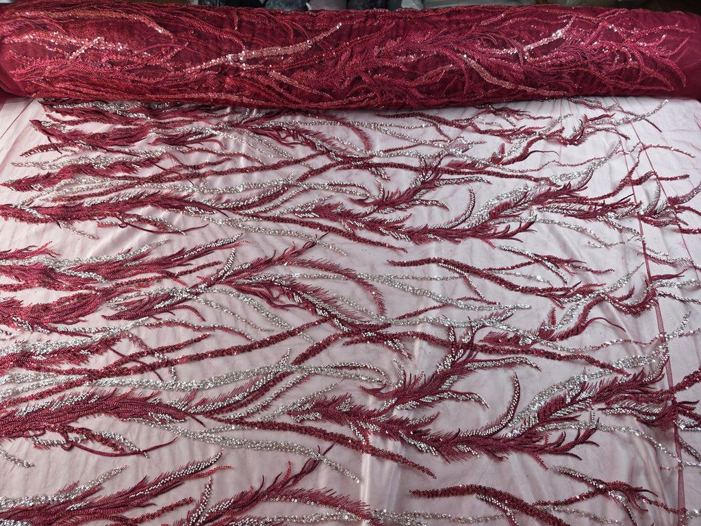 Tul Bordado Con Ramas En Lentejuela Y Chaquira Color Vino -HH196 ideal para vestidos de noche de boda y de XV años (Copia)