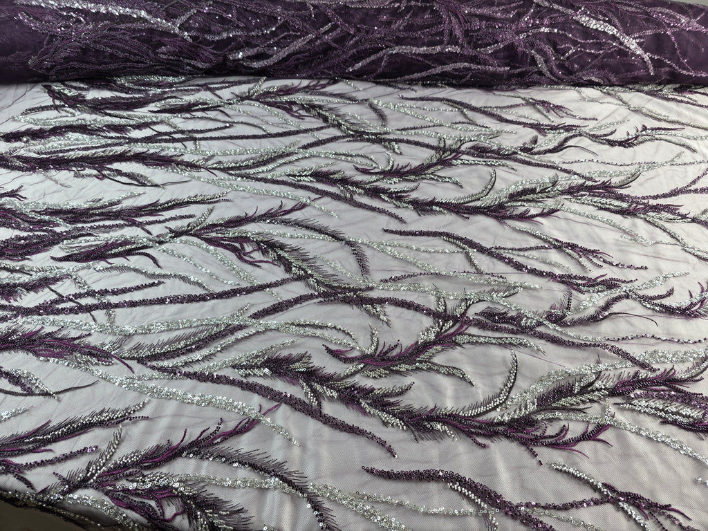 Tul Bordado Con Ramas En Lentejuela Y Chaquira Color Morado Uva -HH196 ideal para vestidos de noche de boda y de XV años