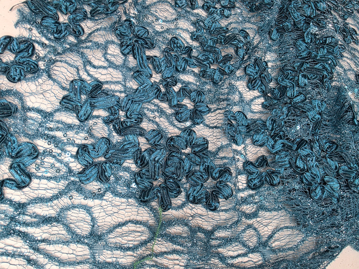 Tul Bordado Diseño Floral Con Lentejuela Color Petroleo Obscuro -HH198 ideal para vestidos de noche de boda y de XV años