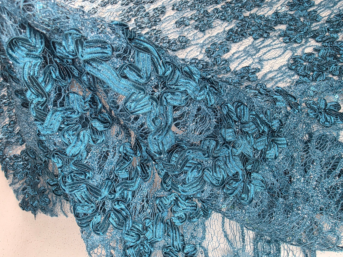 Tul Bordado Diseño Floral Con Lentejuela Color Petroleo Obscuro -HH198 ideal para vestidos de noche de boda y de XV años