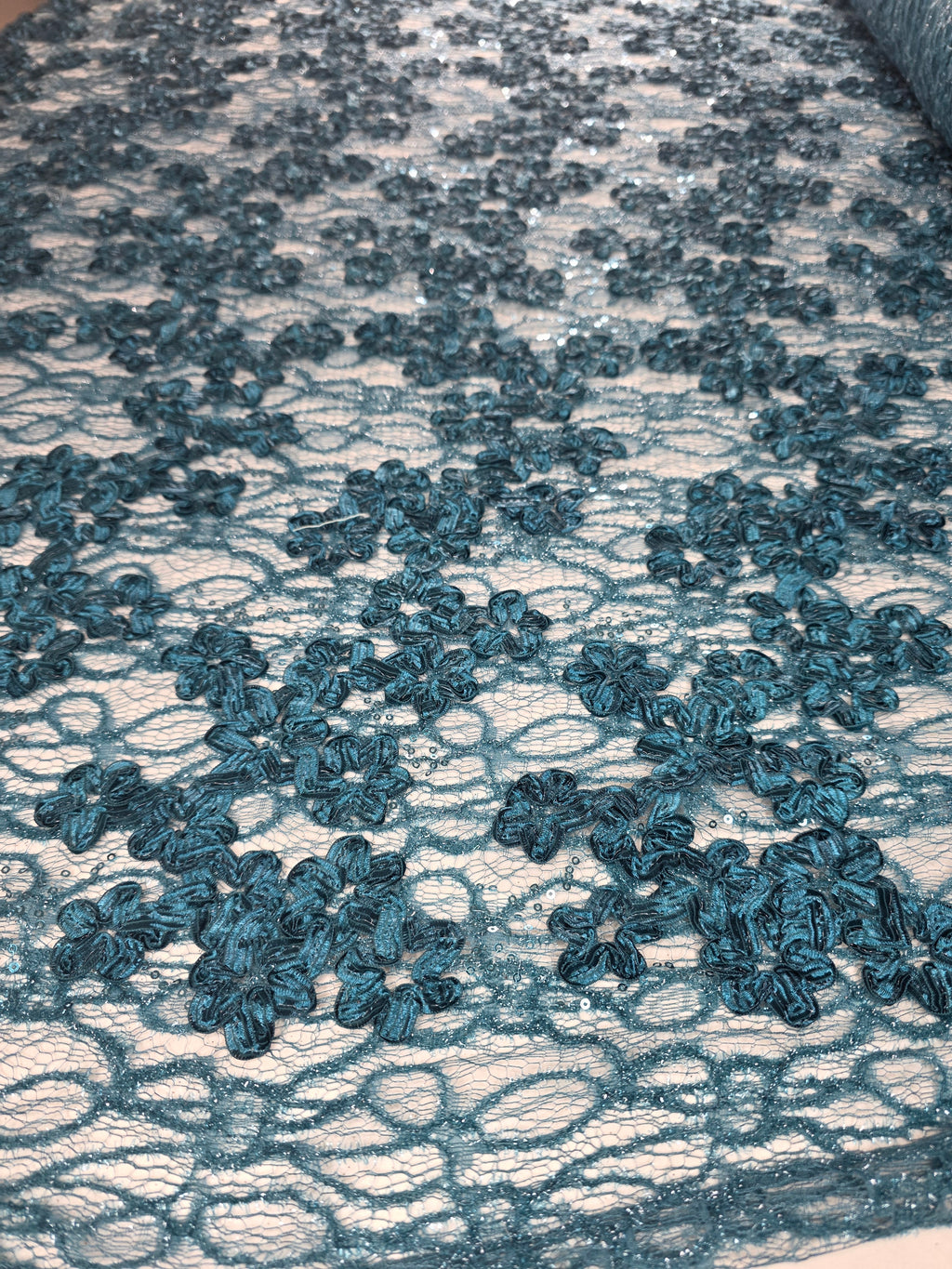 Tul Bordado Diseño Floral Con Lentejuela Color Petroleo Obscuro -HH198 ideal para vestidos de noche de boda y de XV años