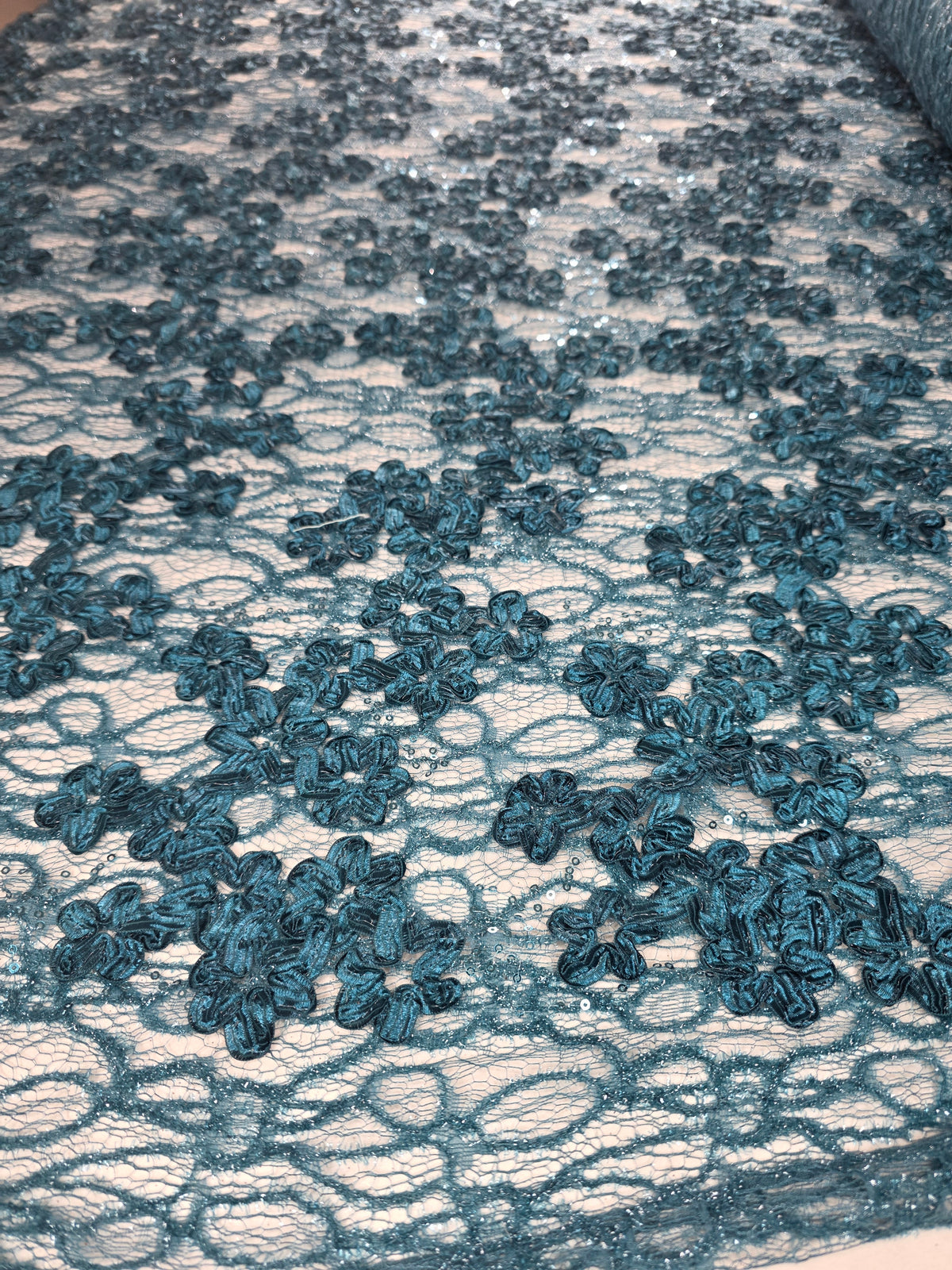 Tul Bordado Diseño Floral Con Lentejuela Color Petroleo Obscuro -HH198 ideal para vestidos de noche de boda y de XV años