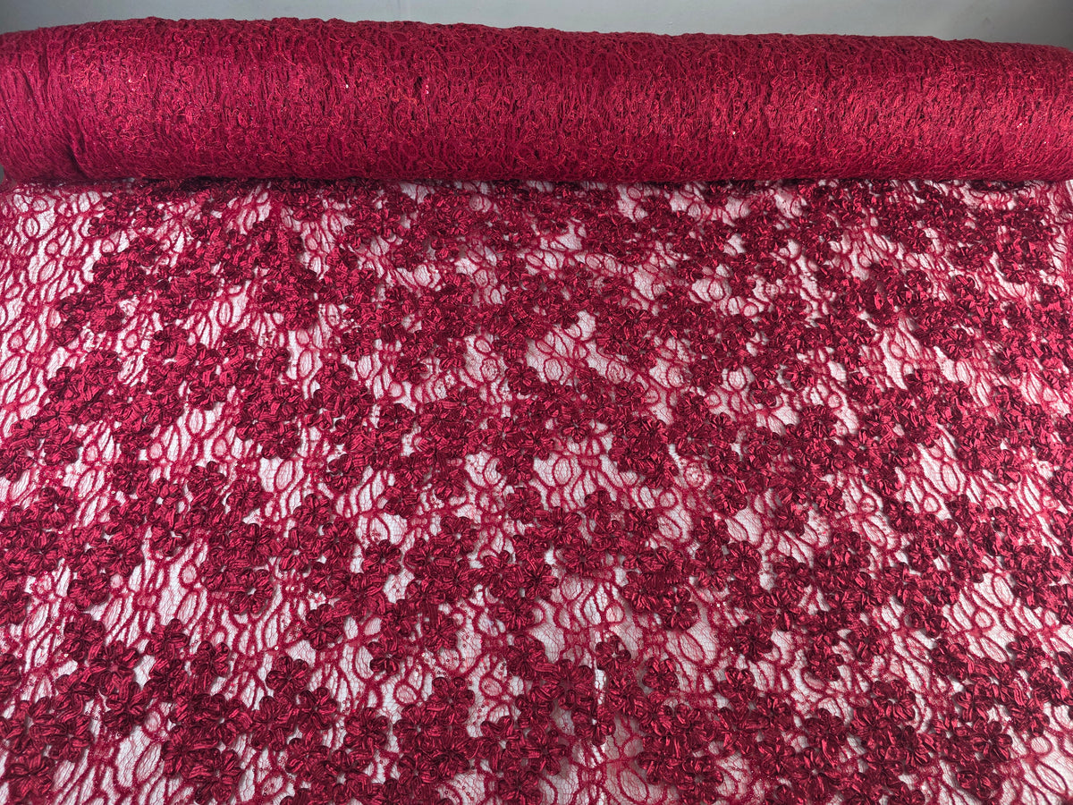 Tul Bordado Diseño Floral Con Lentejuela Color Vino -HH198 ideal para vestidos de noche de boda y de XV años