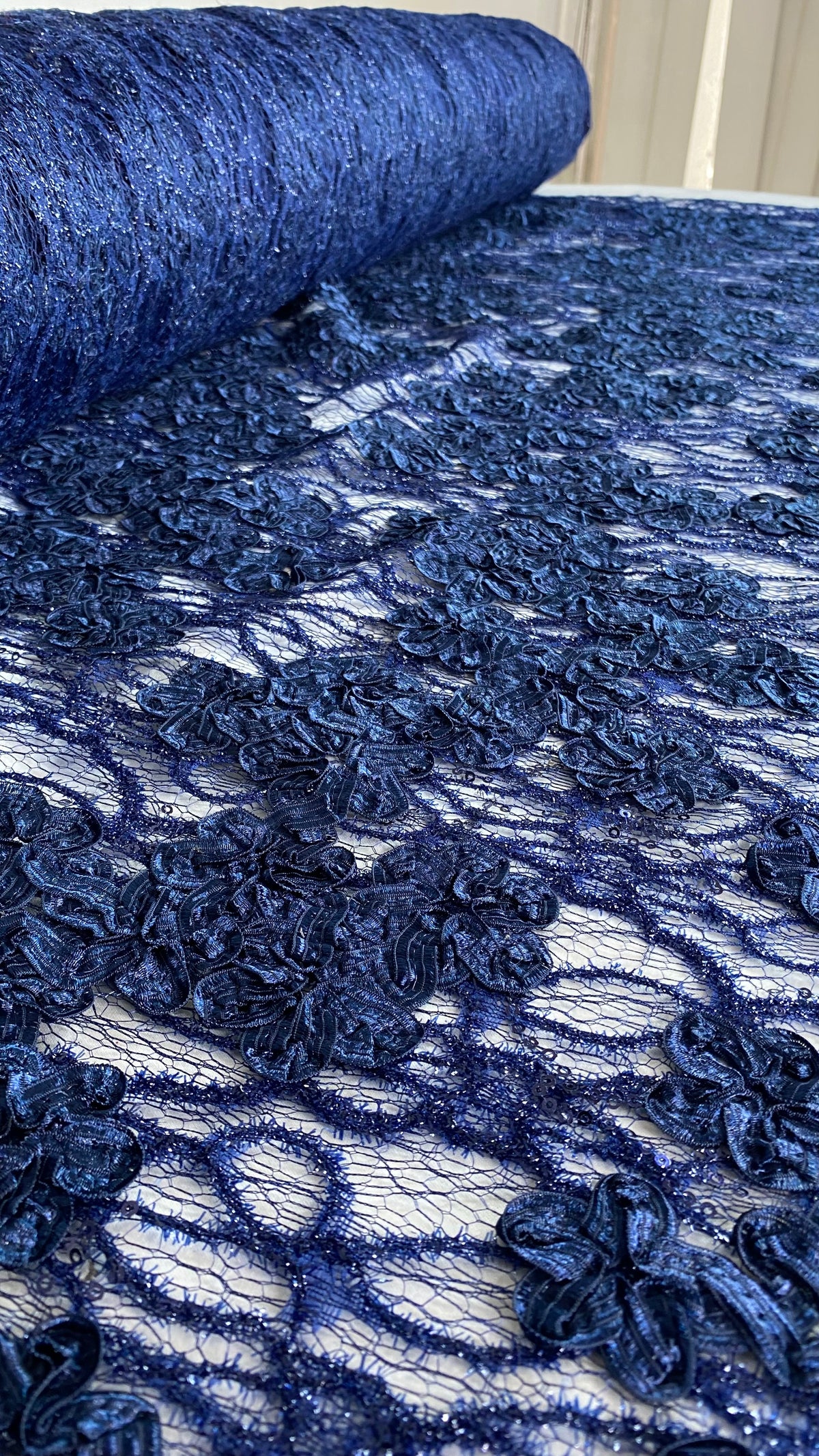 Tul Bordado Diseño Floral Con Lentejuela Color Azul Marino -HH198 ideal para vestidos de noche de boda y de XV años