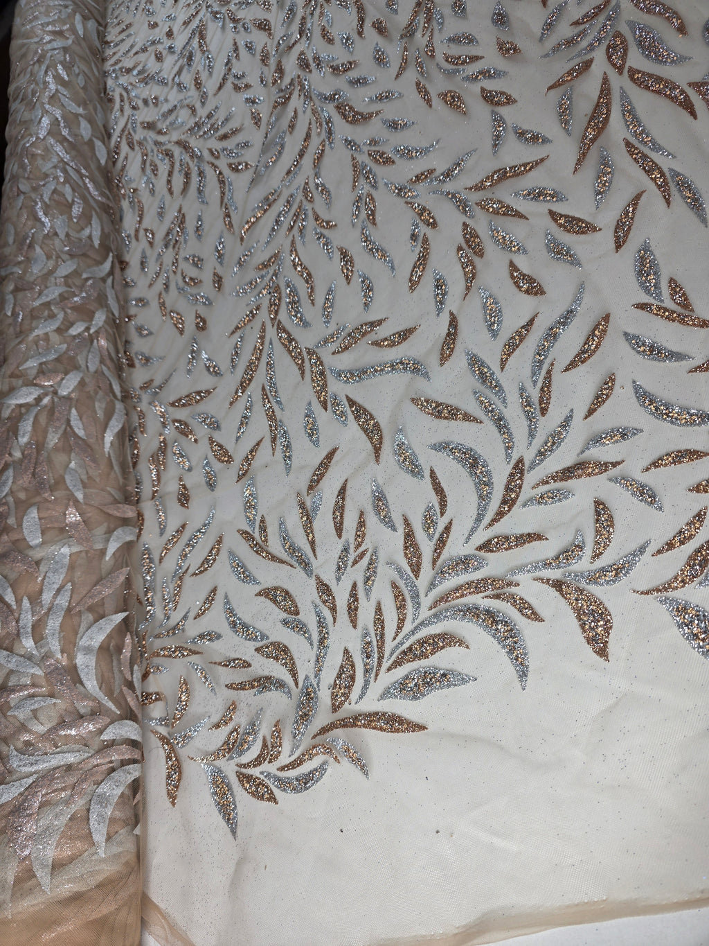 Tul Bordado Con Diseño Aplicaciones de Pedrería Y Glitter Color Oro -HH200 ideal para vestidos de noche de boda y de XV años