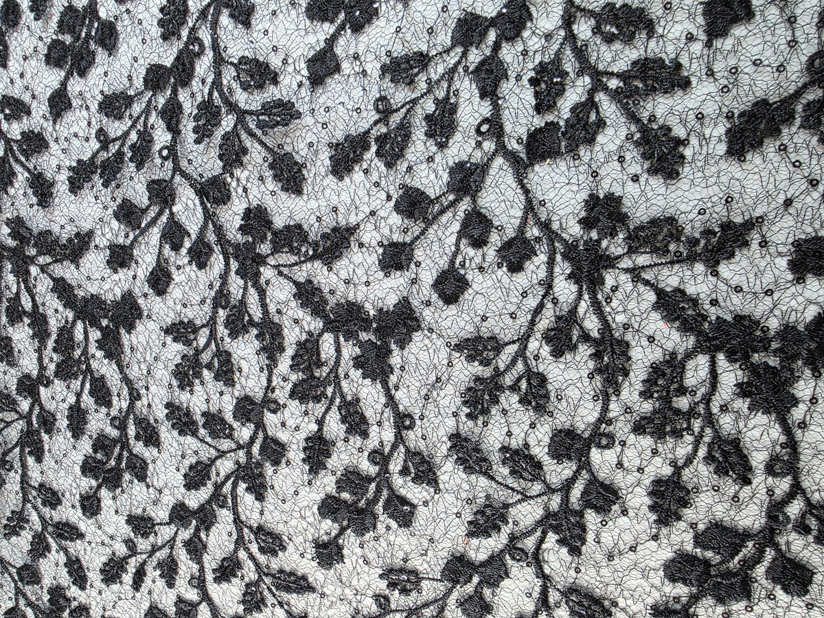 Tul Bordado Con Diseño Floral y Ramas Con Aplicaciones de Lentejuela Color Negro -HH201 ideal para vestidos de noche de boda y de XV años