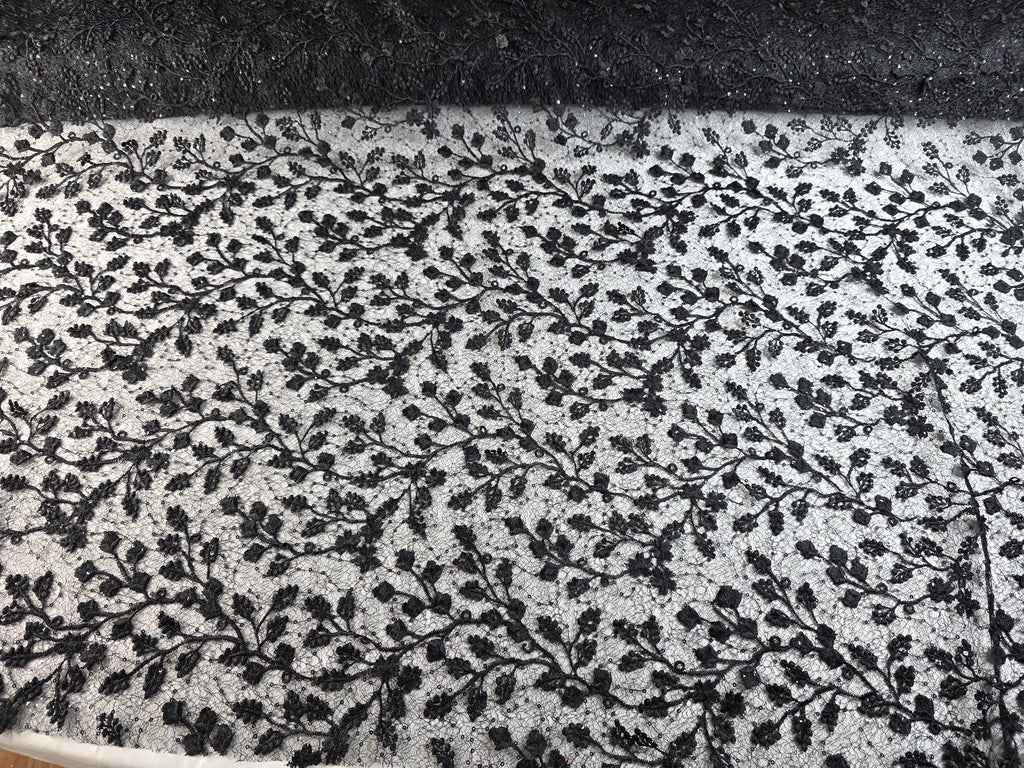 Tul Bordado Con Diseño Floral y Ramas Con Aplicaciones de Lentejuela Color Negro -HH201 ideal para vestidos de noche de boda y de XV años