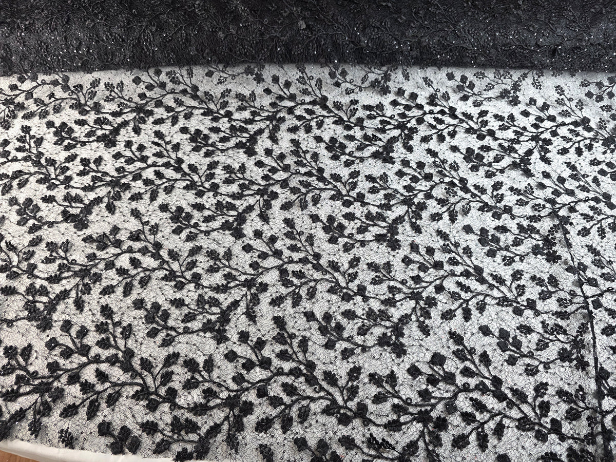 Tul Bordado Con Diseño Floral y Ramas Con Aplicaciones de Lentejuela Color Negro -HH201 ideal para vestidos de noche de boda y de XV años