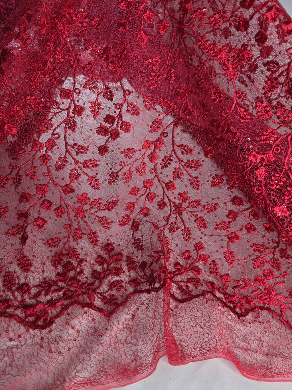 Tul Bordado Con Diseño Floral y Ramas Con Aplicaciones de Lentejuela Color Rojo-HH201 ideal para vestidos de noche de boda y de XV años