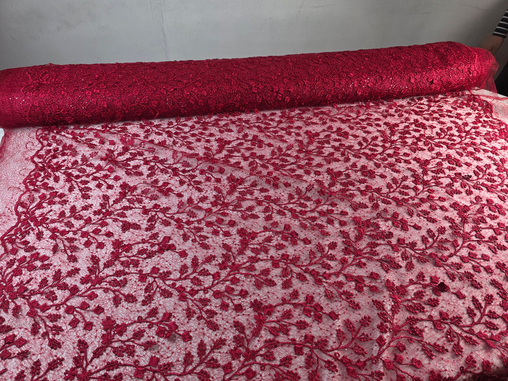 Tul Bordado Con Diseño Floral y Ramas Con Aplicaciones de Lentejuela Color Rojo-HH201 ideal para vestidos de noche de boda y de XV años
