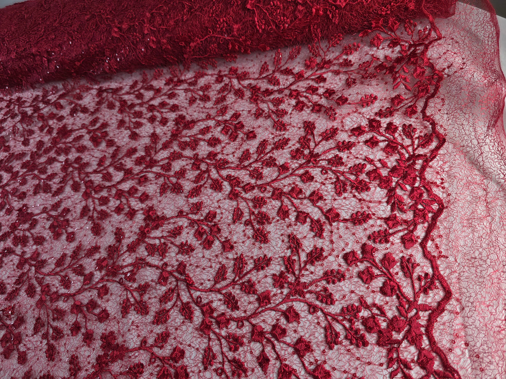 Tul Bordado Con Diseño Floral y Ramas Con Aplicaciones de Lentejuela Color Rojo-HH201 ideal para vestidos de noche de boda y de XV años