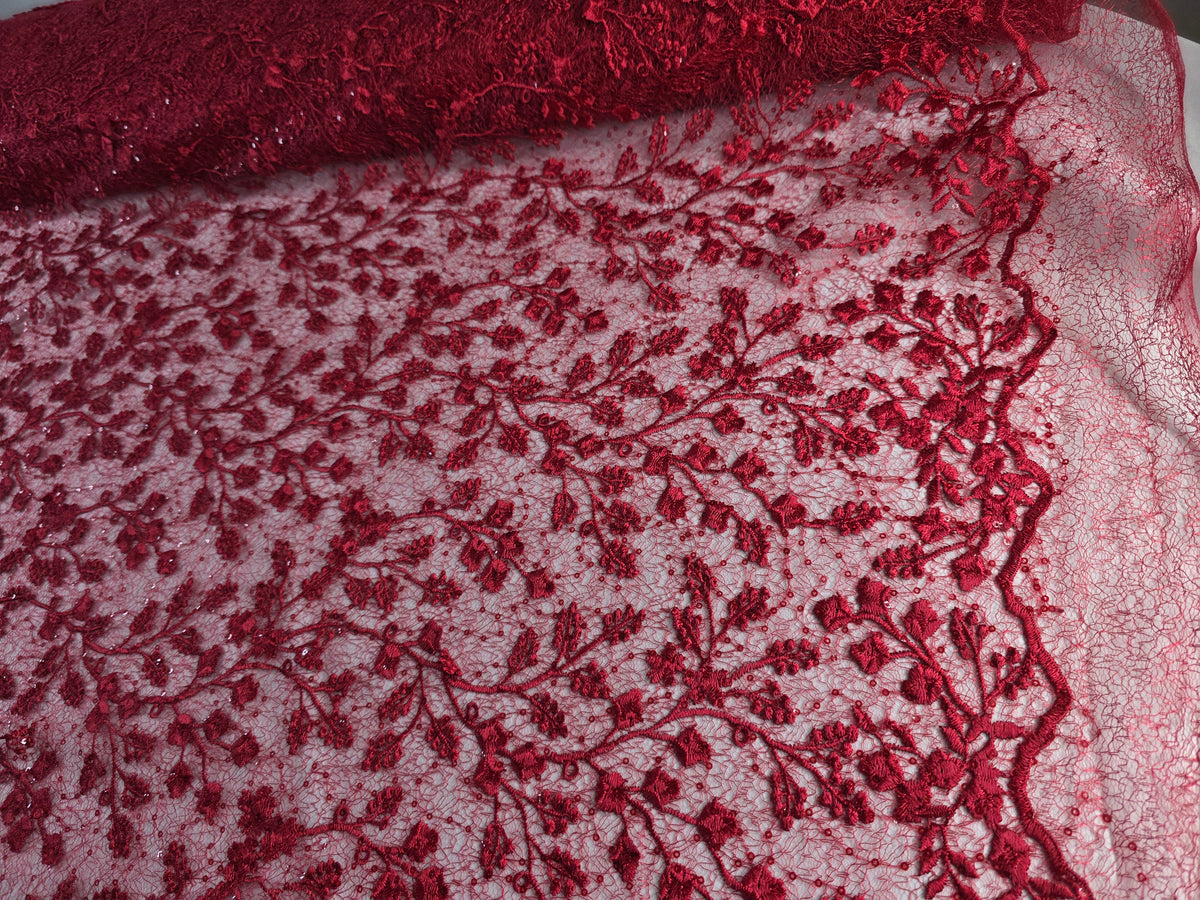 Tul Bordado Con Diseño Floral y Ramas Con Aplicaciones de Lentejuela Color Rojo-HH201 ideal para vestidos de noche de boda y de XV años